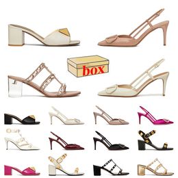 Luxury High Heels Rivet Pointed With Box Sandals Famous Designer Women Slingback Wedges Heel Pumps Slides Platform Lady Sexy Leather Manual Customised Pink Loafers