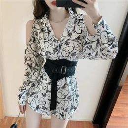 Women's Polos Summer Languid Wind Graffiti Off-shoulder Baggy Long-sleeved Mid-style Shirt Trend Waist Show Thin With Belt