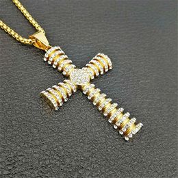 Vintage Christian Jesus Cross Pendant Necklace For Men 14K Gold Iced Out Full Rhinestones Bling Jewellery