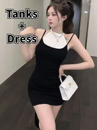 Work Dresses 2 Pcs Sets Women Crop Tops Sexy Tanks Spaghetti Mini Dress Elegant Summer Vintage Casual Mujer Party Ulzzang Clothing Lady 2024