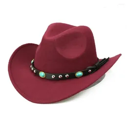 Berets Western Cowboy Hat Rivet Roll Up Wide Brim Turquoise Woollen Sombrero Jazz Cap Men Monochrome Felt Outdoor Knight