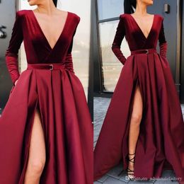 2020 Burgundy Deep V Neck Satin High Split Prom Dresses A Line Long Sleeves Ruched Evening Gowns With Pockets 2246