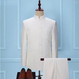Men's Suits Mandarin Collar Mens Suit White Vintage Classic Slim Fit Blazer Pants Outfit Groom Prom Formal Costume Homme