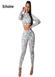 2 Pieces Set Club Women Dollar Bill Printing Slim Bodycon Crop Top Pants Set Women Sportwear Two Pieces Tracksuit Autumn C190416016714543