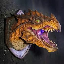Halloween Haunted House Props 3D Dragon Legend Head Sculpture LED Light with Smoke Realistic Dinosaur Head Wall Art 240516