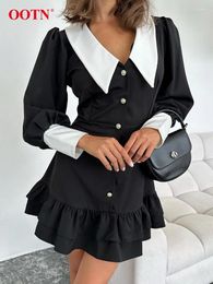Casual Dresses Office Black Single Breasted Dress Elegant Ruffles Puff Sleeve High Waist Women Sexy V Neck Mini A Line 2024