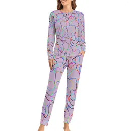 Women's Sleepwear Curvy Lines Pajamas Colorful Print Retro Pajama Sets Lady 2 Pieces Bedroom Oversized Graphic Birthday Present