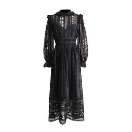 508 XL 2024 Milan Runway Dress Summer Long Sleeve Lace Black White Crew Neck Dresses Womens Dress Fashion High quality boka