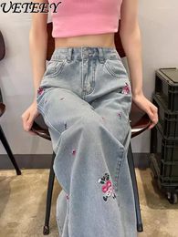 Women's Jeans Chinese Style Flower Embroidered Women 2024 Summer High Waist Drooping Straight Denim Pants Loose Wide Leg Mop