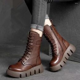 Boots Winter Leather Women Round Toe Mid-heel Ankle For Lace Up Warm Snow Retro Lady Platform Bikerboots