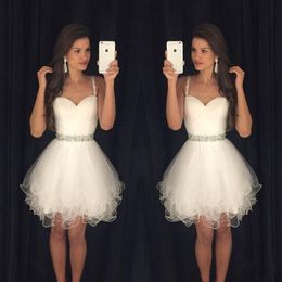 2019 Little White Homecoming Dresses Spaghetti Straps With Beads Tulle Cocktail Dresses Formal Party Dresses Prom Gowns For Women 334N