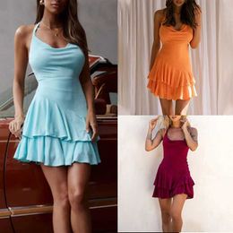 Basic Casual Dresses 2024 Summer Lace-up Halter Neck Swing Slip Dress Sexy Peplum Dress High Waist Skirt Women Summer Y240515