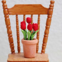 1:12 Dollhouse Miniature Red Tulip Potted Plant Pot Flower Model Furniture Accessories For Doll House Home Garden Decor Kids Toy