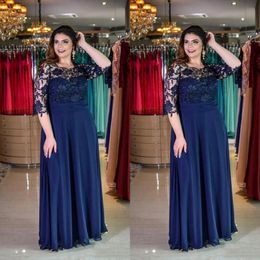 Plus Size Navy Blue A-Line Lace Mother of Bride Groom Dress Jewel Neck Chiffon Floor-Length 1 2 Sleeve Formal Dress Evening Gowns Custo 280z