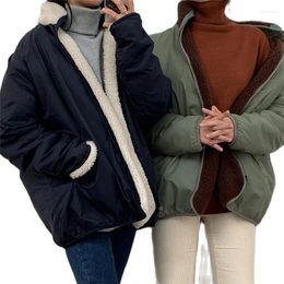 Women's Jackets Reversible Berber Fleece Korean Fashion Women Coat Contrast Color Long Sleeves Stand Collar Winter Warm Girls Jacket