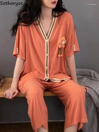 Women's Sleepwear Summer Loose Pajama Sets Women V-neck Lady Simple Thin Breathable Korean Style Leisure Appliques Designed Chic
