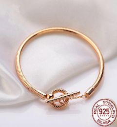 2021 Rose Gold Colour Bracelet 925 Sterling Silver Moments Pink Fan Clasp Snake Chain Fit Charm Women Gift6242325