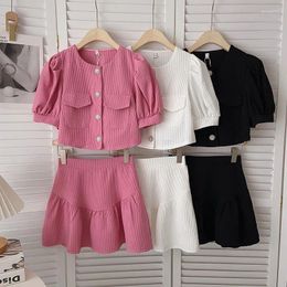 Work Dresses 2pcs Sets Women Outfits Fashion Puff Short Sleeve O-neck Single Breasted Crop Tops Pleated Elatic High Wasit Solid Skirts Suits