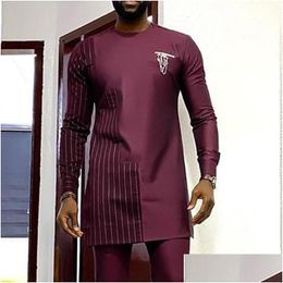 Mens Casual Shirts African Men Dress Shirt Mid Length Round Neck Long Sleeve Tops Male Spring Traditional Plus Size Slim Dashiki Blo Dh5Pd