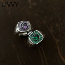 Band Rings Livy Silver Color Fashion Light Luxury Square Love Heart Green Crystal Zircon Wide RWOMEN Temperature Inquiry Jewelry J240516