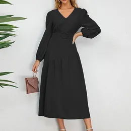 Casual Dresses Womens V Neck Slim Dress Solid Lace Up Waist Pretty Temperament Pleated Long Woman Clothing