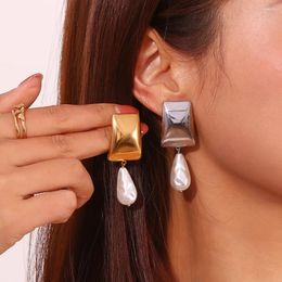 Stud Earrings Stainless Steel Square Shiny Metal Shaped Pearl Drop Vintage Gentle Women Chic Jewellery Gift For Girlfriend Classmate