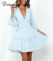 DICLOUD Women Polka Dot Dress Baby Blue Autumn Long Sleeve Clothes Cutout Back Sexy Mini Party Dress Fashion Outfit Ladies LJ20096747148