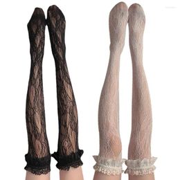 Women Socks Fishnet Thigh High Stockings Frilly Ruffled Floral Lace Patterned