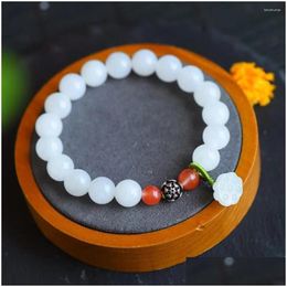 Beaded Strand Hetian Jade 10Mm Round Bead Bracelet With Lotus Pod Ornaments 9407 Drop Delivery Jewellery Bracelets Dhylo
