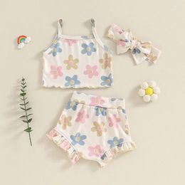 Clothing Sets Sleeveless Baby Girls 3PCS Outfits Summer Kids Shorts Floral Print Cami Tops Ruffle PP Headband Infant Clothes Suit