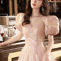 Party Dresses Temperament Sweet Slim Fit Long Wedding Dress Elegant Square Puff Sleeve Backless Lace Up Prom Robe Luxury Sequin Vestidos