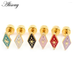 Stud Earrings Alisouy 2PCS Pink Rhombus Square Enamel Stainless Steel Women Girl Ear Studs Tragus Cartilage Piercing Jewellery