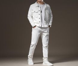 Simple White Tracksuits Bussiness Casual 2pcs Men039s Pant Sets Spring Long Sleeve Denim Jacket and Jeans Fashion Slim Couple J5266902