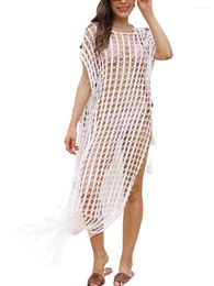 Women Beach Cover Ups Crochet Cutout Sheer Split Dress With Tassel For Bikini Swimsuit Bathing Suit Summer Clothes