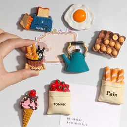 Fridge Magnets Creative simulation of food refrigerator magnet refrigerant magnetic stickers resin bread egg ice cream Nordic home decoration H240516