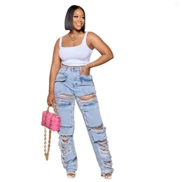 Women's Jeans Summer Loose Wide Leg Distressed Casual Pants Women Blue For Clothing