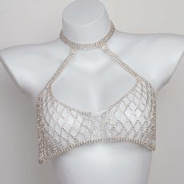 Sexy Halter Rhinestone Tank Y2k Top Body Breast Chain Collar Shiny Night Club Party Backless Crop Tops Women Clothing Sexy Costumes