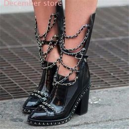 Boots Ankle Chain Chunky Heel Genuine Leather Combat Cutout Riding Women Motorcycle