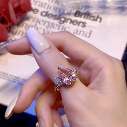 Cluster Rings Luxury 925 Silver Colour Exqusite Pink Zircon Water Drop For Women Wedding Engagement Party Finger Ring Trend Jewellery