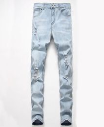 Men039s Jeans Mens Biker Vintage Style Male Hole Distrressed Slim Fit Denim Casual Trousers Light Blue Pants Asian Size9720672