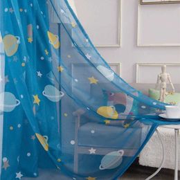 Window Treatments# Modern cartoon blue planet embroidered thin gauze boys room childrens room cute starry sky curtains living room decoration screen Y240517