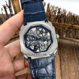 New 41mm Octo Finissimo Titanium Case 102941 102714 Automatic Mens Watch Skeleton Dial Blue Leather Strap 102941 Gents Best Sportwatche 263y