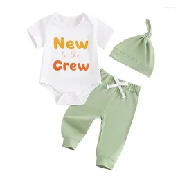 Clothing Sets Summer Infant Born Boys And Girls Outfit Letter Print Short Sleeve Romper Elastic Waist Pants Hat Clothes Set