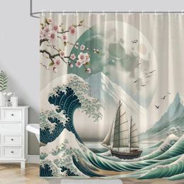 Shower Curtains Japanese Cherry Blossom Curtain Landscape Sun Mountain Lake Chinese Traditional Painting Polyester Fabric Bathroom Decor
