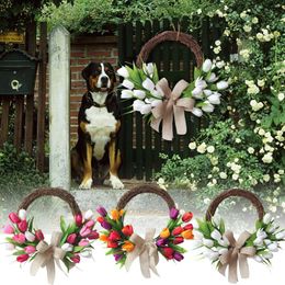 Decorative Flowers Artificial Flower Wreath Mother's Day Floral Rattan Front Door With Large Bow Wall Porch Hanging Holiday