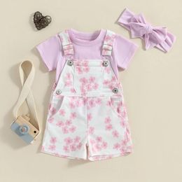 Clothing Sets Fashion Baby Girls Shorts Set Summer Kids Outfits Short Sleeve T-shirt With Flower Print Suspender Headband Clothes