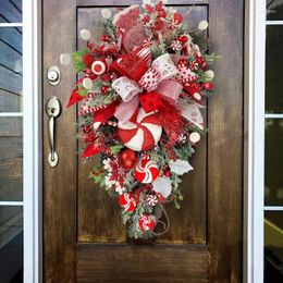 Decorative Flowers Christmas Red Wreath Front Door Hanging Artificial Garlands Candy Cane Window Outdoor Year Navidad Home Decoration