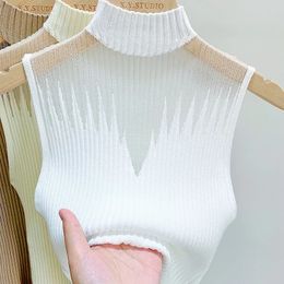 Mesh Knitted Top Women Y2K Tank Top Half Neck Vest Female Sleeveless Sweater Chic Cut Out Streetwear Solid Skinny White Tube Top 240517