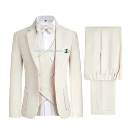 Suits Boys Formal Beige Dress Suit Set Children Wedding Birthday Photography Costume Kids Blazer Vest Pants Bowtie Outfit Y240516