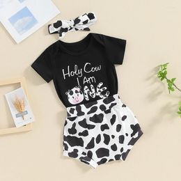 Clothing Sets Toddler Girls Summer Clothes Black Short Sleeve Top Cow Print Shorts Headband 3pc Set Birthday Outfit